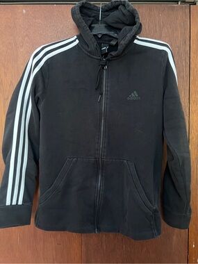 adidas Black Kids Full-Zip Hoodie with White Stripes